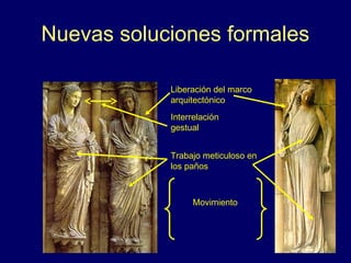 Nuevas soluciones formales 
Liberación del marco 
arquitectónico 
Interrelación 
gestual 
Trabajo meticuloso en 
los paños 
Movimiento 
 
