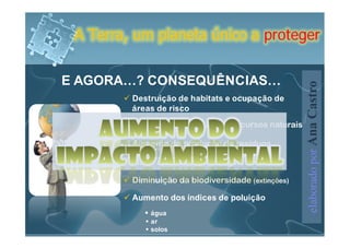 A Terra, um planeta único a proteger


E AGORA…? CONSEQUÊNCIAS…




                                                    elaborado por Ana Castro
         Destruição de habitats e ocupação de
         áreas de risco
         Exploração massiva dos recursos naturais

         Aumento da produção de resíduos

         Maior consumo de energia

         Diminuição da biodiversidade (extinções)

         Aumento dos índices de poluição
             água
             ar
             solos
 