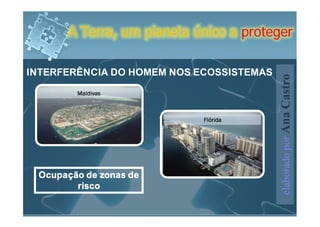 A Terra, um planeta único a proteger

INTERFERÊNCIA DO HOMEM NOS ECOSSISTEMAS




                                          elaborado por Ana Castro
 Ocupação de zonas de
        risco
 