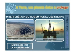 A Terra, um planeta único a proteger

INTERFERÊNCIA DO HOMEM NOS ECOSSISTEMAS




                                          elaborado por Ana Castro
    Exploração dos
   recursos naturais
 