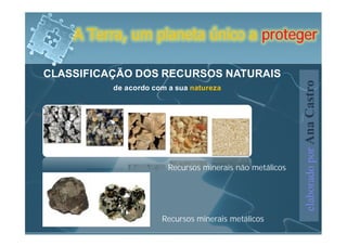 A Terra, um planeta único a proteger

CLASSIFICAÇÃO DOS RECURSOS NATURAIS




                                                          elaborado por Ana Castro
          de acordo com a sua natureza




                        Recursos minerais não metálicos




                      Recursos minerais metálicos
 