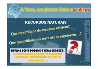 A Terra, um planeta único a proteger


  RECURSOS NATURAIS




                                  elaborado por Ana Castro
 