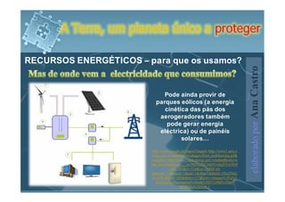 A Terra, um planeta único a proteger

RECURSOS ENERGÉTICOS – para que os usamos?




                                                                                 elaborado por Ana Castro
                             Pode ainda provir de
                          parques eólicos (a energia
                             cinética das pás dos
                           aerogeradores também
                              pode gerar energia
                           eléctrica) ou de painéis
                                   solares…
                         http://www.google.pt/imgres?imgurl=http://www1.eere.e
                        nergy.gov/windandhydro/images/illust_techdrawing.gif&
                        imgrefurl=http://www1.eere.energy.gov/windandhydro/w
                        ind_how.html&usg=__sx79HXcZIjUt66N1a8gXYiy3Er8
                                   =&h=283&w=314&sz=24&hl=pt-
                        pt&start=15&zoom=1&um=1&itbs=1&tbnid=2lSsi5NnL
                         8LLeM:&tbnh=105&tbnw=117&prev=/images%3Fq%3
                            Denergy%2Banimation%26um%3D1%26hl%3Dpt-
                                          pt%26tbs%3Disch:1
 