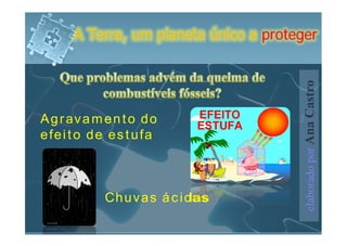 A Terra, um planeta único a proteger




                                      elaborado por Ana Castro
Agravamento do
efeito de estufa



        Chuvas ácidas
 