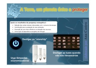 A Terra, um planeta único a proteger




                                                            elaborado por Ana Castro
        Desligar os “stand-by”




                                 Desligar as luzes quando
                                   não são necessárias
Usar lâmpadas
economizadoras
 