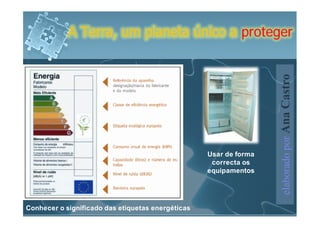 A Terra, um planeta único a proteger




                                                                   elaborado por Ana Castro
                                                   Usar de forma
                                                    correcta os
                                                   equipamentos




Conhecer o significado das etiquetas energéticas
 