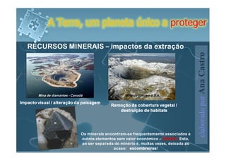 A Terra, um planeta único a proteger

   RECURSOS MINERAIS – impactos da extração




                                                                                          elaborado por Ana Castro
        Mina de diamantes - Canadá                    Mina de cobre – U.S.A.

Impacto visual / alteração da paisagem
                                               Remoção da cobertura vegetal /
                                                  destruição de habitats




                                 Os minerais encontram-se frequentemente associados a
                                 outros elementos sem valor económico – GANGA. Esta,
                                 ao ser separada do minério é, muitas vezes, deixada ao
                                                 acaso: escombreiras!
 