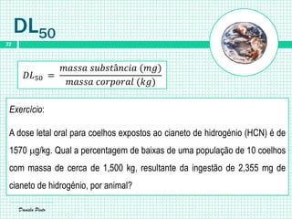 Daniela Pinto
22
DL50
𝐷𝐿50 =
𝑚𝑎𝑠𝑠𝑎 𝑠𝑢𝑏𝑠𝑡â𝑛𝑐𝑖𝑎 (𝑚𝑔)
𝑚𝑎𝑠𝑠𝑎 𝑐𝑜𝑟𝑝𝑜𝑟𝑎𝑙 (𝑘𝑔)
Exercício:
A dose letal oral para coelhos expostos ao cianeto de hidrogénio (HCN) é de
1570 g/kg. Qual a percentagem de baixas de uma população de 10 coelhos
com massa de cerca de 1,500 kg, resultante da ingestão de 2,355 mg de
cianeto de hidrogénio, por animal?
 