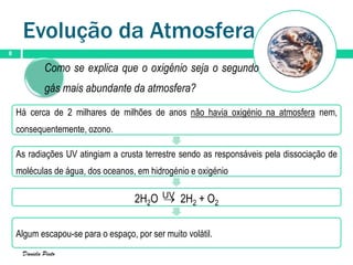 Evolução da Atmosfera
8
Daniela Pinto
Como se explica que o oxigénio seja o segundo
gás mais abundante da atmosfera?
Há cerca de 2 milhares de milhões de anos não havia oxigénio na atmosfera nem,
consequentemente, ozono.
As radiações UV atingiam a crusta terrestre sendo as responsáveis pela dissociação de
moléculas de água, dos oceanos, em hidrogénio e oxigénio
2H2O  2H2 + O2
Algum escapou-se para o espaço, por ser muito volátil.
UV
 