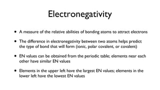 Electronegativity <ul><li>A measure of the relative abilities of bonding atoms to attract electrons </li></ul><ul><li>The ...