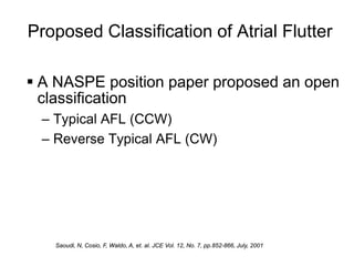 Proposed Classification of Atrial Flutter

     A NASPE position paper proposed an open
      classification
      – Typical AFL (CCW)
      – Reverse Typical AFL (CW)




        Saoudi, N, Cosio, F, Waldo, A, et. al. JCE Vol. 12, No. 7, pp.852-866, July, 2001
3
 