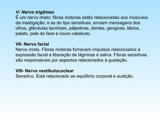 V- Nervo trigêmeo
É um nervo misto: fibras motoras estão relacionadas aos músculos
da mastigação; e as do tipo sensitivas, enviam mensagens dos
olhos, glândulas lacrimais, pálpebras, dentes, gengivas, lábios,
palato, pele da face e couro cabeludo.
VII- Nervo facial
Nervo misto. Fibras motoras fornecem impulsos relacionados à
expressão facial e liberação de lágrimas e saliva. Fibras sensitivas
são responsáveis por aspectos relacionados à gustação.
VIII- Nervo vestíbulococlear
Sensitivo. Está relacionado ao equilíbrio corporal e audição.
 