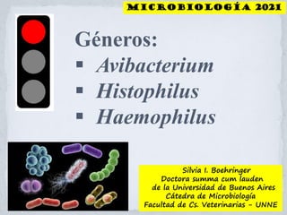 Silvia I. Boehringer
Doctora summa cum lauden
de la Universidad de Buenos Aires
Cátedra de Microbiología
Facultad de Cs. Veterinarias - UNNE
MICROBIOLOGÍA 2021
Géneros:
 Avibacterium
 Histophilus
 Haemophilus
 