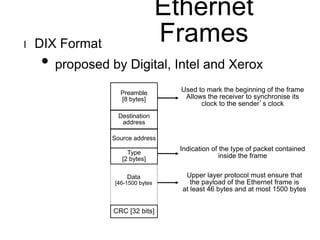 Ethernet 
Frames l DIX Format 
• proposed by Digital, Intel and Xerox 
Preamble 
[8 bytes] 
Destination 
address 
Source address 
Type 
[2 bytes] 
Data 
[46-1500 bytes 
CRC [32 bits] 
Used to mark the beginning of the frame 
Allows the receiver to synchronise its 
clock to the sender’s clock 
Indication of the type of packet contained 
inside the frame 
Upper layer protocol must ensure that 
the payload of the Ethernet frame is 
at least 46 bytes and at most 1500 bytes 
 