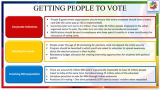GETTING PEOPLE TO VOTE
Corporate Initiatives
Moving the youth
Involving NRI population
 There are around 25 million NRIs and it is practically impossible to have 25 million people
travel to India at the same time. So India is losing 25 million votes of the educated
 Introduce provision to vote for NRIs through Indian embassies
 Provision of e-voting – One time passwords (OTP) sent to voters’ mobiles when requested
 People under the age of 30 contesting for elections need not deposit the initial security
 Program should be launched in which youth are asked to volunteer to spread awareness
about the election process in their locality
 Mandatory budget allocation for creating internship opportunities for students with political
parties
 Private & government organisations should ensure that every employee should have a voters
card (like the same way as TDS is implemented)
 Currently voter turn out is 4.1 million. If we make 30 million people employed in the urban
organised sector to vote, the voter turn out ratio can be tremendously increased
 Notifications should be sent to employees who have spent 6 months in a new constituency for
reissuance of voting cards
 