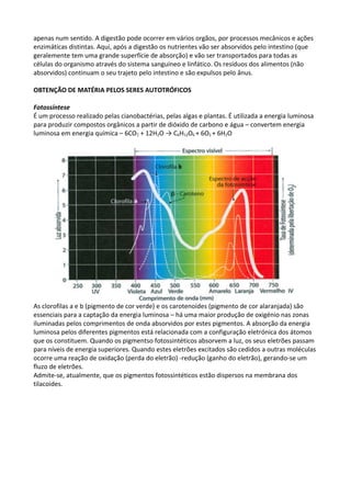 apenas num sentido. A digestão pode ocorrer em vários orgãos, por processos mecânicos e ações
enzimáticas distintas. Aqui, após a digestão os nutrientes vão ser absorvidos pelo intestino (que
geralemente tem uma grande superfície de absorção) e vão ser transportados para todas as
células do organismo através do sistema sanguíneo e linfático. Os resíduos dos alimentos (não
absorvidos) continuam o seu trajeto pelo intestino e são expulsos pelo ânus.
OBTENÇÃO DE MATÉRIA PELOS SERES AUTOTRÓFICOS
Fotossíntese
É um processo realizado pelas cianobactérias, pelas algas e plantas. É utilizada a energia luminosa
para produzir compostos orgânicos a partir de dióxido de carbono e água – convertem energia
luminosa em energia química – 6CO2 + 12H2O → C6H12O6 + 6O2 + 6H2O

As clorofilas a e b (pigmento de cor verde) e os carotenoides (pigmento de cor alaranjada) são
essenciais para a captação da energia luminosa – há uma maior produção de oxigénio nas zonas
iluminadas pelos comprimentos de onda absorvidos por estes pigmentos. A absorção da energia
luminosa pelos diferentes pigmentos está relacionada com a configuração eletrónica dos átomos
que os constituem. Quando os pigmentso fotossintéticos absorvem a luz, os seus eletrões passam
para níveis de energia superiores. Quando estes eletrões excitados são cedidos a outras moléculas
ocorre uma reação de oxidação (perda do eletrão) -redução (ganho do eletrão), gerando-se um
fluzo de eletrões.
Admite-se, atualmente, que os pigmentos fotossintéticos estão dispersos na membrana dos
tilacoides.

 