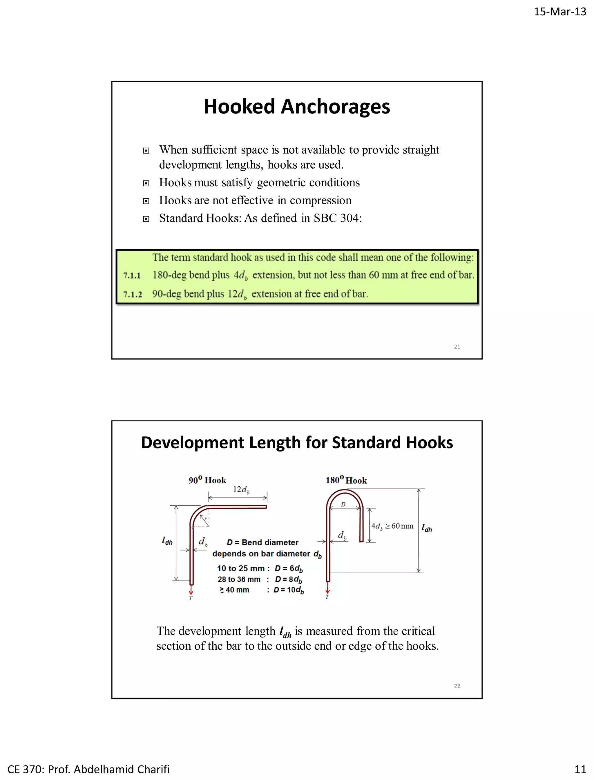 15-Mar-13
CE 370: Prof. Abdelhamid Charifi 11
Hooked Anchorages
 When sufficient space is not available to provide straight
development lengths, hooks are used.
 Hooks must satisfy geometric conditions
 Hooks are not effective in compression
 Standard Hooks: As defined in SBC 304:
21
Development Length for Standard Hooks
22
The development length ldh is measured from the critical
section of the bar to the outside end or edge of the hooks.
 