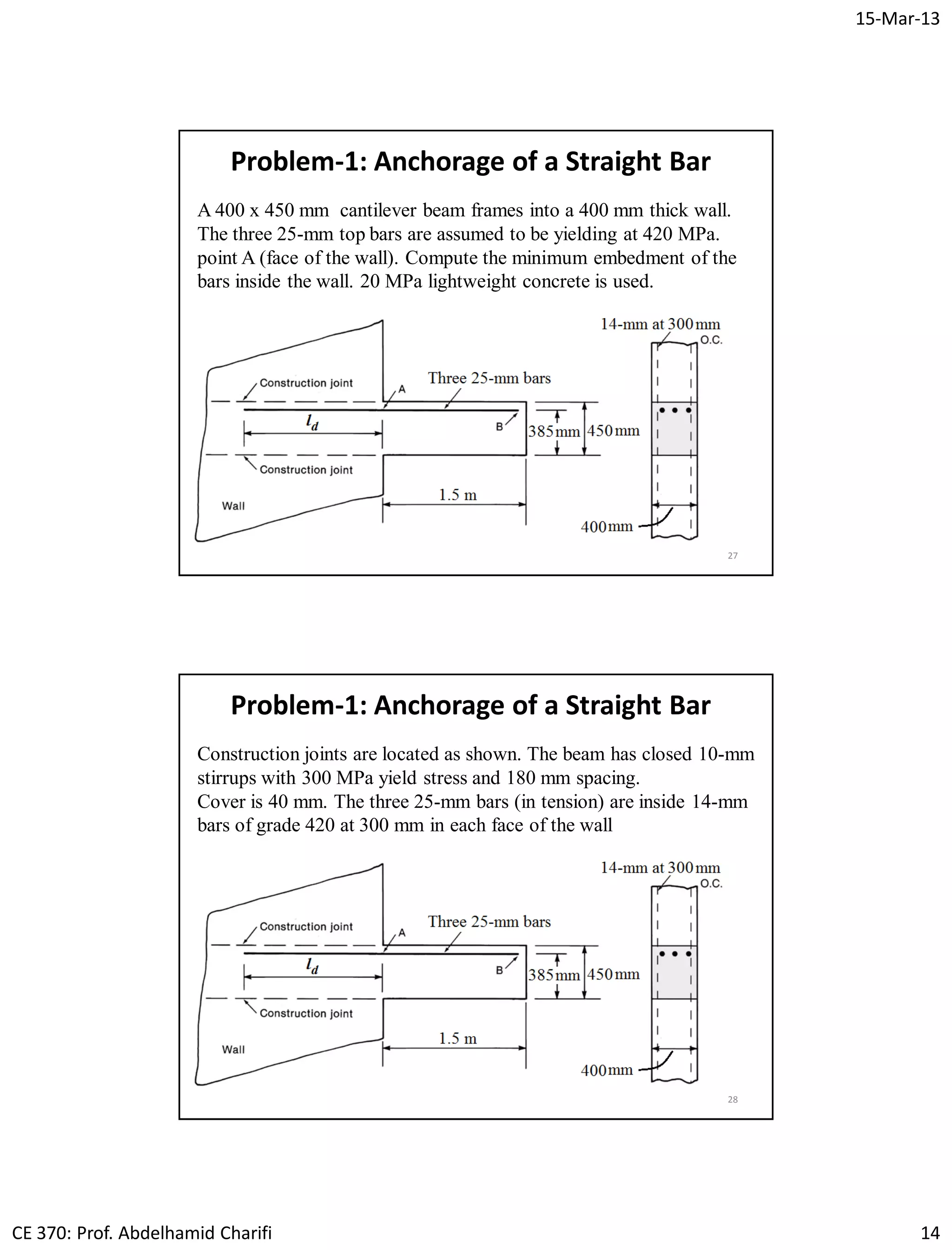 15-Mar-13
CE 370: Prof. Abdelhamid Charifi 14
27
Problem-1: Anchorage of a Straight Bar
A 400 x 450 mm cantilever beam frames into a 400 mm thick wall.
The three 25-mm top bars are assumed to be yielding at 420 MPa.
point A (face of the wall). Compute the minimum embedment of the
bars inside the wall. 20 MPa lightweight concrete is used.
28
Problem-1: Anchorage of a Straight Bar
Construction joints are located as shown. The beam has closed 10-mm
stirrups with 300 MPa yield stress and 180 mm spacing.
Cover is 40 mm. The three 25-mm bars (in tension) are inside 14-mm
bars of grade 420 at 300 mm in each face of the wall
 