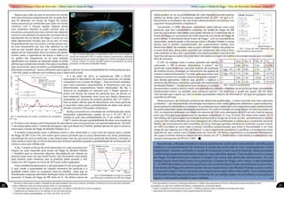 Repara que cada vez que se encontra um evento
com esta assinatura experimental não se pode dizer
que foi detetado um bosão de Higgs! Há muitos
outros processos já conhecidos que criam um fundo
contínuo com o mesmo aspeto. Apenas tendo
uma estatística elevada se pode concluir que se
encontrou uma partícula nova, mesmo não sabendo
nunca se uma deteção em particular corresponde ao
decaimento de um bosão de Higgs. É como ter um
dado ligeiramente viciado, que cai no seis 1% mais
frequentemente que nos outros, e tentar provar isso.
Se num lançamento sair seis, não sabemos se ele
está ou não viciado. Nem se sair 3 vezes seguidas,
apesar de ser improvável. Para isso temos de repetir
muitas vezes a experiência de lançar o dado e se
no gráfico das frequências se vir uma variação
significativa em relação ao esperado pode-se então
afirmar que o dado está viciado. Para que o resultado
seja convincente, deve-se indicar a probabilidade de
flutuações estatísticas13
serem suficientes para explicar o desvio. Se essa probabilidade for muito pequena (p.e.
1 em mil), pode-se afirmar com confiança que o dado está viciado.
A 4 de julho de 2012, as experiências CMS e ATLAS
anunciaram a descoberta de uma nova partícula, um bosão,
compatível com o bosão de Higgs14
. Para isso foram medidas,
para cada assinatura experimental, as frequências com que
determinadas características foram observadas. Na fig. 5
veem-se os resultados na amostra com 2 fotões (pontos a
preto) em função da massa da partícula que, ao decair, os
terá originado. Ajustando uma curva aos dados, observa-se
claramente um excesso de eventos próximo dos 127 GeV/c2
.
Para se poder afirmar que foi descoberta uma nova partícula
é necessário saber qual a probabilidade de obter este desvio
devido somente a flutuações estatísticas.
Na fig. 6 encontra-se o resultado da combinação das várias
assinaturas experimentais usadas (H->γγ e H->ZZ*
->4l15
) e
verifica-se que essa probabilidade (P0
) é da ordem de 10-23
(10σ16
): menor do que a probabilidade de atirar uma moeda ao
ar 70 vezes e sair sempre cara! Claramente foi descoberta uma nova partícula, com aproximadamente 126 GeV/
c2
de massa (tanto como 7 moléculas de água) e que, por decair em 2 fotões, poderá apenas ter spin 0 (como se
prevê para o bosão de Higgs do Modelo Padrão) ou 2.
É também interessante notar a diferença entre o valor observado e o que seria de esperar para o bosão
de Higgs do MP (2.5σ=1%). Isto indica que é pouco provável que os picos observados nas várias assinaturas
provenham de uma só partícula, o que indicia para mais do que uma nova partícula descoberta. Contudo, o
valor ainda é muito alto, os físicos de partículas só ficam satisfeitos quando a probabilidade de ser flutuação for
menor a uma num milhão (5σ).
A fig. 7 mostra as forças do sinal observado em cada assinatura em
relação ao valor esperado pelo bosão de Higgs do Modelo Padrão,
1. Também aqui se observam algumas discrepâncias em relação ao
previsto (mais uma vez não muito fortes). São necessários mais dados
para resolver estes mistérios, que se poderão obter quando o LHC
reabrir em 2015 (parou no início de 2013 para sofrer upgrades).
Outra medida fundamental é o spin/paridade (Sπ
) da nova partícula.
O spin mede a quantidade de rotação intrínseca da partícula e a
paridade indica como se comporta vista ao espelho , pelo que as
distribuições espaciais permitem distinguir entre os diferentes valores
possíveis. O bosão de Higgs do MP deve ter 0+
. Na última coluna da
tabela podem-se ver as probabilidade de cada hipótese possível explicar
melhor os dados para a assinatura experimental H->ZZ*->4l que a 0+
.
Novamente os resultados não são ainda suficientemente conclusivos, mas
suportam favoravelmente a hipótese 0+
.
Concluindo, o CERN descobriu claramente (pelo menos) uma nova
partícula, que tem características próximas do bosão de Higgs do MP,
mas são necessários mais dados para poder afirmar se é realmente ele (o
bosão de Higgs) ou outra partícula muito parecida (um bosão de Higgs de
outra teoria). A descoberta deste bosão de Higgs17
,com as características
observadas, poderá ajudar a discriminar entre o Modelo Padrão e outras
teorias que o tentam complementar (ex: supersimetria, teorias com
dimensões extra). Na verdade, sabe-se que o Modelo Padrão não pode ser
a teoria final, pois deixa várias questões por esclarecer: não inclui a força
mais evidente no dia a dia, a gravidade, nem explica porque é que ela é tão
mais fraca do que as outras três, e também não explica a origem da matéria e da energia escura, que compõem
95% do Universo.
O LHC irá explorar estas e outras questões em aberto,
colocando o MP e teorias alternativas à prova18
(ex:
partículas supersimétricas); procurar indícios de produção
de matéria escura; investigar os mecanismos da quebra de
simetria matéria/antimatéria18
(a razão pela qual existe mais
matéria no Universo); estudar o plasma de quarks e gluões18
,
que deverá apresentar indícios que ajudem a explicar a
estrutura do Universo; aumentar a precisão dos parâmetros
do Modelo Padrão18
, fundamental para diminuir a incerteza
das previsões e testar a teoria a níveis sem precedentes; estudar a hipótese de as partículas hoje consideradas
fundamentais terem, na verdade, uma estrutura interna18
, em particular o quark top, quase 100 mil vezes
mais pesado que o quark up; criar e estudar quantidades maiores de antimatéria18
do que em qualquer outra
experiência até hoje.
Neste processo, são formados profissionais altamente qualificados, – muitos levando essa mais-valia para
a indústria –, são desenvolvidas tecnologias inovadoras e com várias aplicações (detetores, supercondutores,
processamento informático) e valorizam-se as empresas que colaboram com a experiência pelo conhecimento
de ponta adquirido e pela valorização económica. Por cada € investido ao longo destes 20 anos no projeto do
LHC, as empresas receberam em média um retorno de 3.5€: uma valorização de 6.5% ao ano, mais do que os
juros que Portugal paga atualmente em qualquer maturidade (2, 5 ou 10 anos). Por todas estas razões, os 13
mil milhões de € gastos pela comunidade internacional ao longo de 20 anos no LHC, sensivelmente o mesmo
custo do TGV Lisboa-Madrid e do novo Aeroporto de Lisboa combinados (e menos que o orçamento anual da
NASA), são extremamente bem investidos. De facto, Portugal ganharia dinheiro ao endividar-se para investir
no LHC! Considere-se assim todo o avanço científico proporcionado, que levou a Humanidade a ver mais
longe do que alguma vez o fez, um “bónus”, e seja o argumento económico a justificar o investimento nesta
experiência, que contou com a colaboração de cerca de 150 físicos, engenheiros e estudantes Portugueses,
dos quais se devem destacar Gaspar Barreira (diretor do LIP19
), Amélia Maio e João Varela (coordenadores das
equipas portuguesas de ATLAS e CMS).
Sπ
Teor. Obs. 0+
Obs. Sπ
CLS
0–
2.6σ 0.5σ 3.3σ 0.16%
2+
(gg->H) 1.8σ 0.8σ 2.7σ 1.5%
2+
(qq->H) 1.7σ 1.8σ 4.0σ <0.1%
1–
2.8σ 1.4σ >4.0σ <0.1%
1+
2.3σ 1.7σ >4.σ <0.1%
13
Ao lançar várias vezes o dado, a frequência de cada resultado não vai ser sempre constante, vai flutuar em torno do valor esperado,
sendo a diferença cada vez menor quanto maior o nº de repetições.
14
Os resultados apresentados são os últimos publicados, em Março e Abril de 2013, não os originais.
15
l representa um leptão, isto é, um eletrão ou um dos seus primos.
16
Forma de medir a probabilidade. 1σ=32%, 2σ=4.5%, 3σ=0.27%
17
Esta descoberta já mereceu a distinção atribuída a 7 líderes das experiências ATLAS e CMS pela Fundamental Physics Prize
Foundation, no valor de 3 milhões de Dólares, o equivalente a 3 prémios Nobel
18
Desde a entrada em funcionamento do LHC, o CERN já publicou vários resultados em todas estas áreas
19
Laboratório de Instrumentação e Física Experimental de Partículas
Resumindo, o Modelo Padrão é a teoria atualmente aceite pela comunidade científica para
explicar o comportamento do Universo à escala das partículas (e com consequências muito
importantes noutras, incluindo à escala do Universo) e teve sucesso fazendo várias previsões
confirmadas experimentalmente (nalguns casos décadas depois). Este modelo inclui o campo
de Higgs, fundamental para explicar a origem da massa das partículas elementares. Se este
campo existir, deve haver uma nova partícula, O bosão de Higgs, com massa, e spin/paridade
0+
. O CERN descobriu uma nova partícula com características muito semelhantes às previstas.
Este bosão de Higgs descoberto pode não ser exatamente o do Modelo Padrão e, para o saber,
é necessário ligar o“forno”durante mais alguns anos, para obter mais dados. Se a corrida pelas
leis fundamentais que governam o Universo for um peddy-paper, encontrámos a nova pista e,
agora, é necessário estudá-la com cuidado…
Fig. 4: Evento detetado na experiência CMS com uma energia no
centro de massa de 8 TeV. O evento mostra características esperadas
do decaimento de um bosão de Higgs em 2 fotões (tracejado amarelo
+ colunas verdes). O evento também pode ser proveniente de outros
processos conhecidos do Modelo Padrão
Fig. 5: Distribuição da massa invariante de candidatos
a H ->γγ
Fig. 6: Probabilidade do sinal ser causado
por flutuações estatísticas do MP (sem Higgs)
Fig. 7: Força do sinal observado para
cada assinatura experimental
Tab. 1: Teste de spin/paridade
E.P.
Edição 0 | Destaque | Física de Partículas - Afinal, o que é o bosão de Higgs Afinal, o que é o Bosão de Higgs - Física de Partículas | Destaque | Edição 0
20 21
 