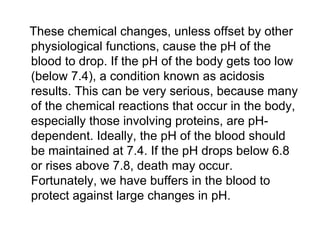 These chemical changes, unless offset by other physiological functions, cause the pH of the blood to drop. If the pH of the body gets too low (below 7.4), a condition known as acidosis results. This can be very serious, because many of the chemical reactions that occur in the body, especially those involving proteins, are pH-dependent. Ideally, the pH of the blood should be maintained at 7.4. If the pH drops below 6.8 or rises above 7.8, death may occur. Fortunately, we have buffers in the blood to protect against large changes in pH.  