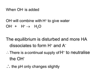 When OH -  is added OH -  will combine with   H +  to give water OH -   +  H +      H 2 O The equilibrium is disturbed and more HA dissociates to form H +  and A -   There is a   continual supply of   H +  to neutralise the OH - the pH only changes slightly 