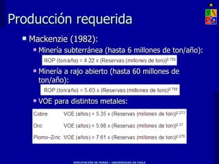Producción requerida
     Mackenzie (1982):
          Minería subterránea (hasta 6 millones de ton/año):

          Minería a rajo abierto (hasta 60 millones de
           ton/año):

          VOE para distintos metales:




                     EXPLOTACIÓN DE MINAS – UNIVERSIDAD DE CHILE
 