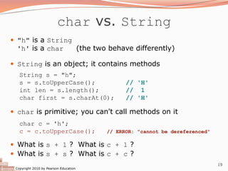 Copyright 2010 by Pearson Education
19
char vs. String
— "h" is a String
'h' is a char (the two behave differently)
— String is an object; it contains methods
String s = "h";
s = s.toUpperCase(); // 'H'
int len = s.length(); // 1
char first = s.charAt(0); // 'H'
— char is primitive; you can't call methods on it
char c = 'h';
c = c.toUpperCase(); // ERROR: "cannot be dereferenced"
— What is s + 1 ? What is c + 1 ?
— What is s + s ? What is c + c ?
 