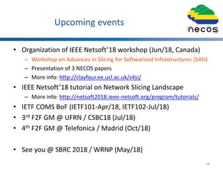 Upcoming events
• Organization of IEEE Netsoft’18 workshop (Jun/18, Canada)
– Workshop on Advances in Slicing for Softwarized Infrastructures (S4SI)
– Presentation of 3 NECOS papers
– More info: http://clayfour.ee.ucl.ac.uk/s4si/
• IEEE Netsoft’18 tutorial on Network Slicing Landscape
– More info: http://netsoft2018.ieee-netsoft.org/program/tutorials/
• IETF COMS BoF (IETF101-Apr/18, IETF102-Jul/18)
• 3rd F2F GM @ UFRN / CSBC18 (Jul/18)
• 4th F2F GM @ Telefonica / Madrid (Oct/18)
• See you @ SBRC 2018 / WRNP (May/18)
18
 