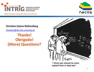 20
http://www.intrig.dca.fee.unicamp.br
Thanks!
Obrigado!
(More) Questions?
Christian Esteve Rothenberg
chesteve@dca.fee.unicamp.br
 