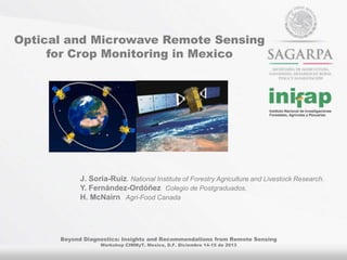 Optical and Microwave Remote Sensing
for Crop Monitoring in Mexico

J. Soria-Ruiz. National Institute of Forestry Agriculture and Livestock Research.
Y. Fernández-Ordóñez Colegio de Postgraduados.
H. McNairn Agri-Food Canada

Beyond Diagnostics: Insights and Recommendations from Remote Sensing
Workshop CIMMyT. Mexico, D.F. Diciembre 14-15 de 2013

 