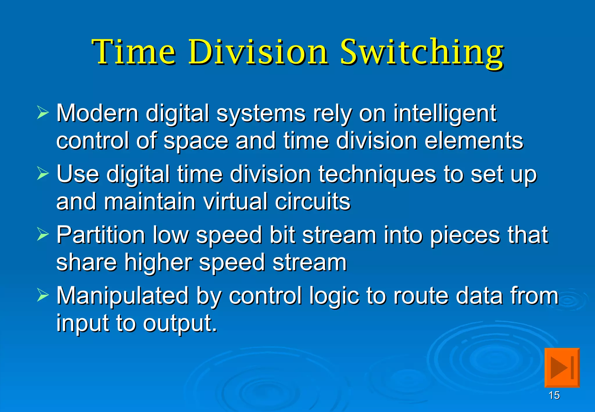 Time Division Switching Modern digital systems rely on intelligent control of space and time division elements Use digital time division techniques to set up and maintain virtual circuits Partition low speed bit stream into pieces that share higher speed stream Manipulated by control logic to route data from input to output. 