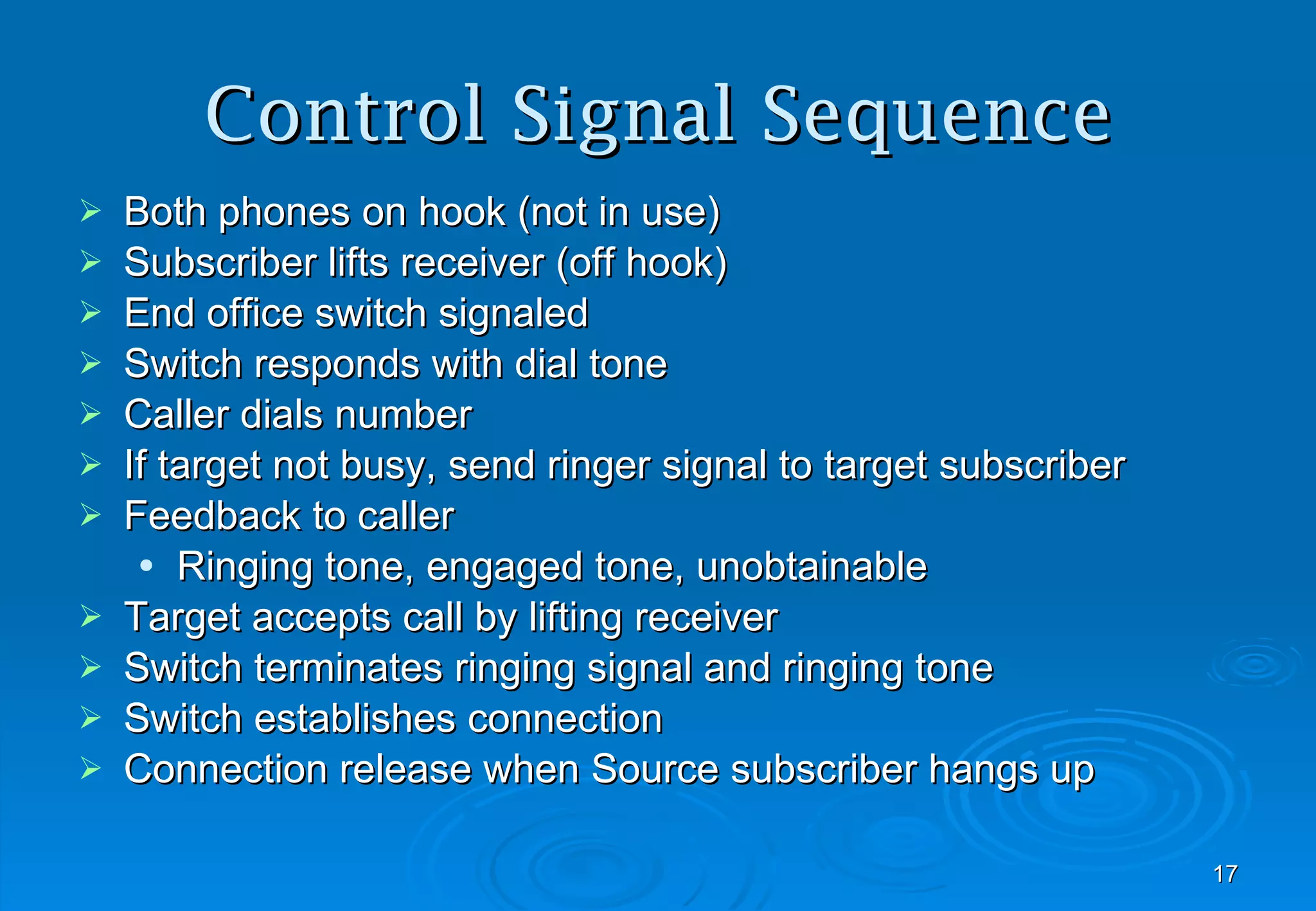 Control Signal Sequence Both phones on hook (not in use) Subscriber lifts receiver (off hook) End office switch signaled Switch responds with dial tone Caller dials number If target not busy, send ringer signal to target subscriber Feedback to caller Ringing tone, engaged tone, unobtainable Target accepts call by lifting receiver Switch terminates ringing signal and ringing tone Switch establishes connection Connection release when Source subscriber hangs up 