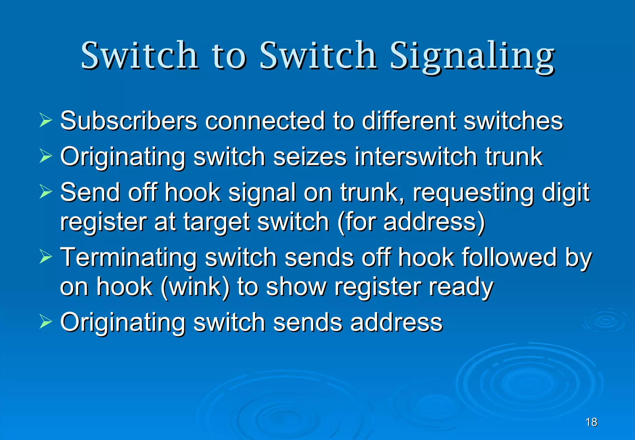 Switch to Switch Signaling Subscribers connected to different switches Originating switch seizes interswitch trunk Send off hook signal on trunk, requesting digit register at target switch (for address) Terminating switch sends off hook followed by on hook (wink) to show register ready Originating switch sends address 