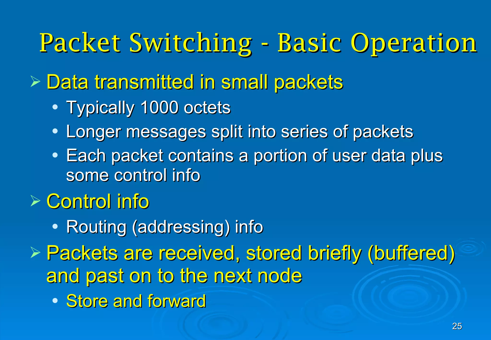 Packet Switching -  Basic Operation Data transmitted in small packets Typically 1000 octets Longer messages split into series of packets Each packet contains a portion of user data plus some control info Control info Routing (addressing) info Packets are received, stored briefly (buffered) and past on to the next node Store and forward 