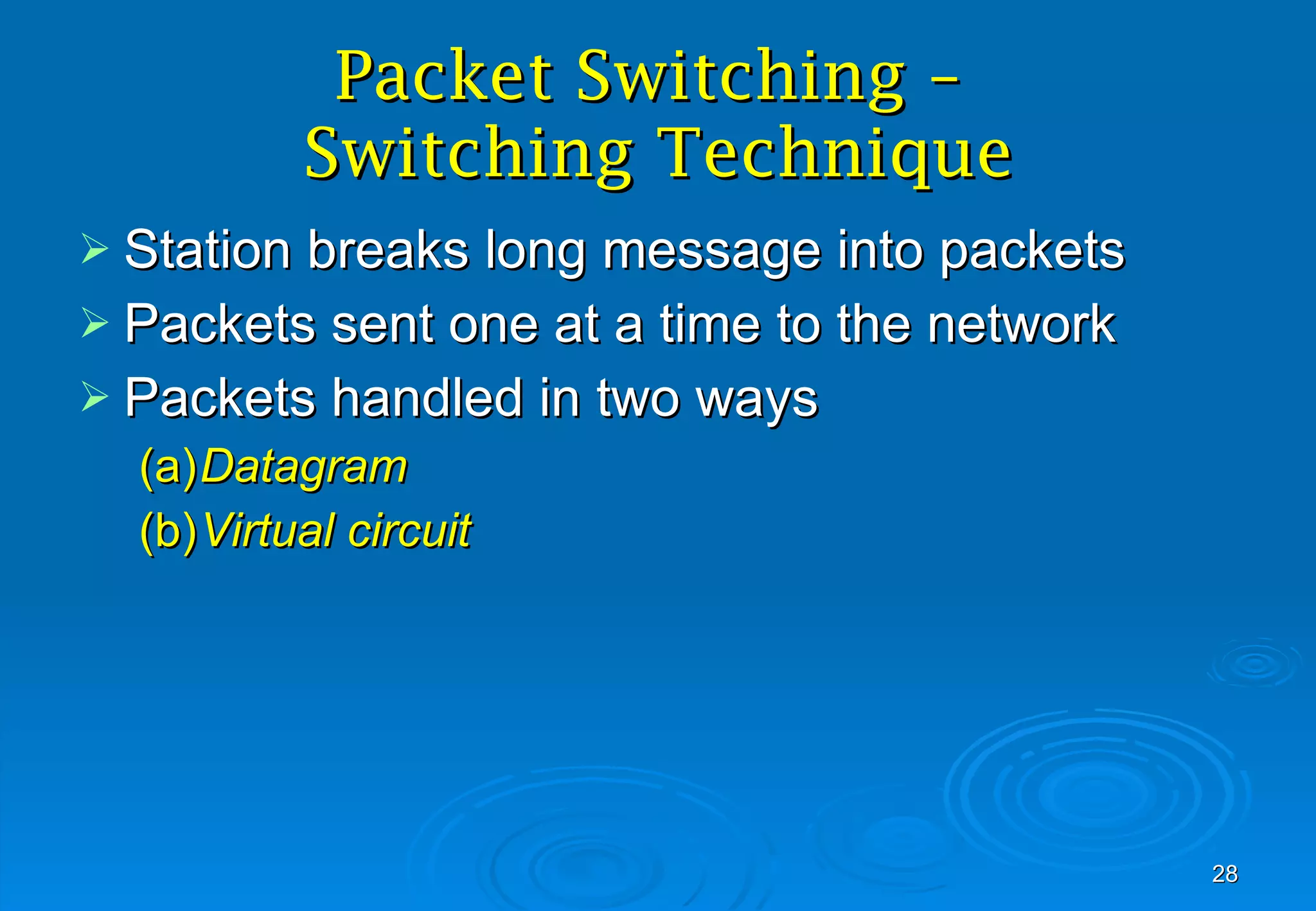 Packet Switching –  Switching Technique Station breaks long message into packets Packets sent one at a time to the network Packets handled in two ways (a) Datagram (b) Virtual circuit 
