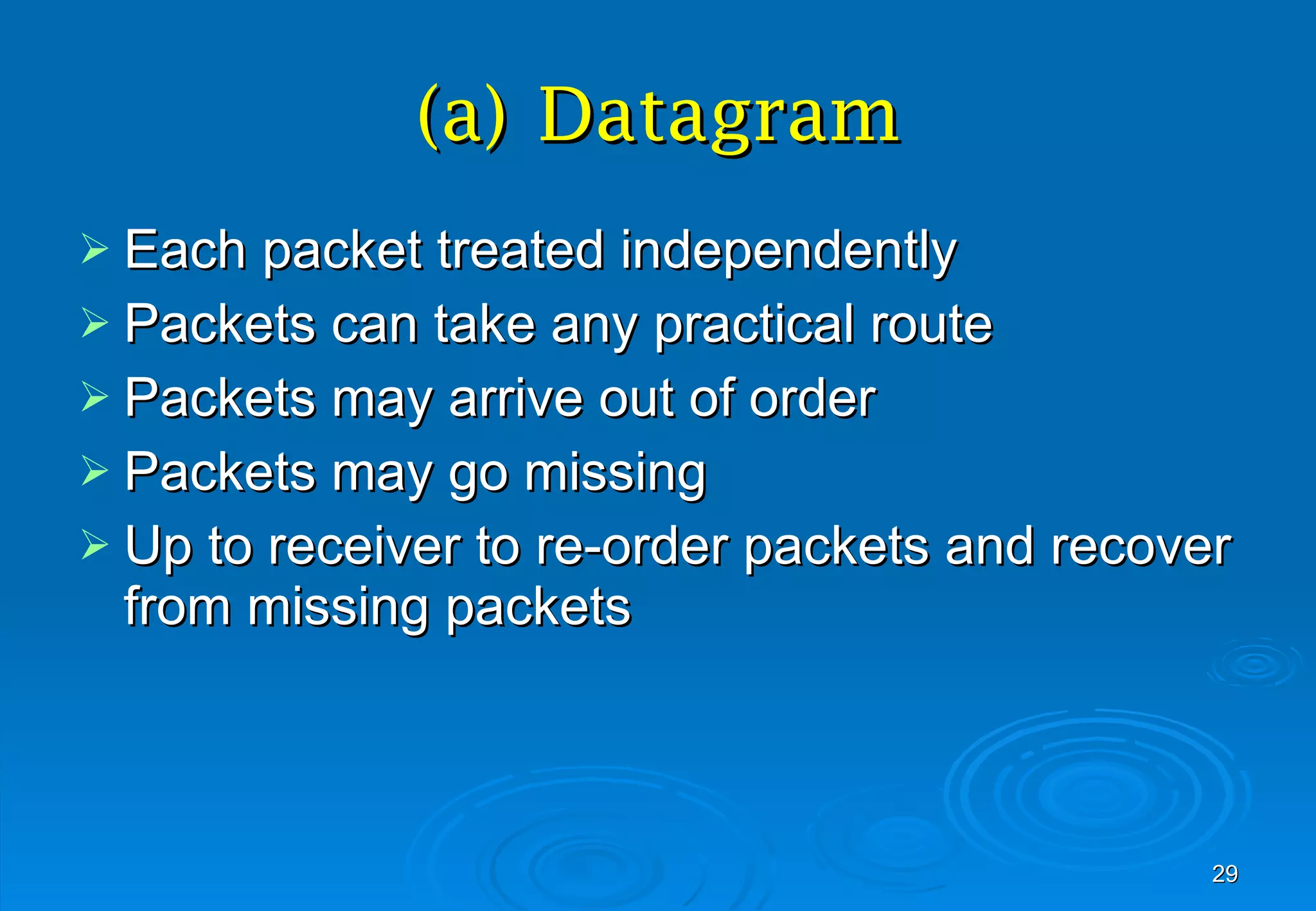 (a) Datagram Each packet treated independently Packets can take any practical route Packets may arrive out of order Packets may go missing Up to receiver to re-order packets and recover from missing packets 