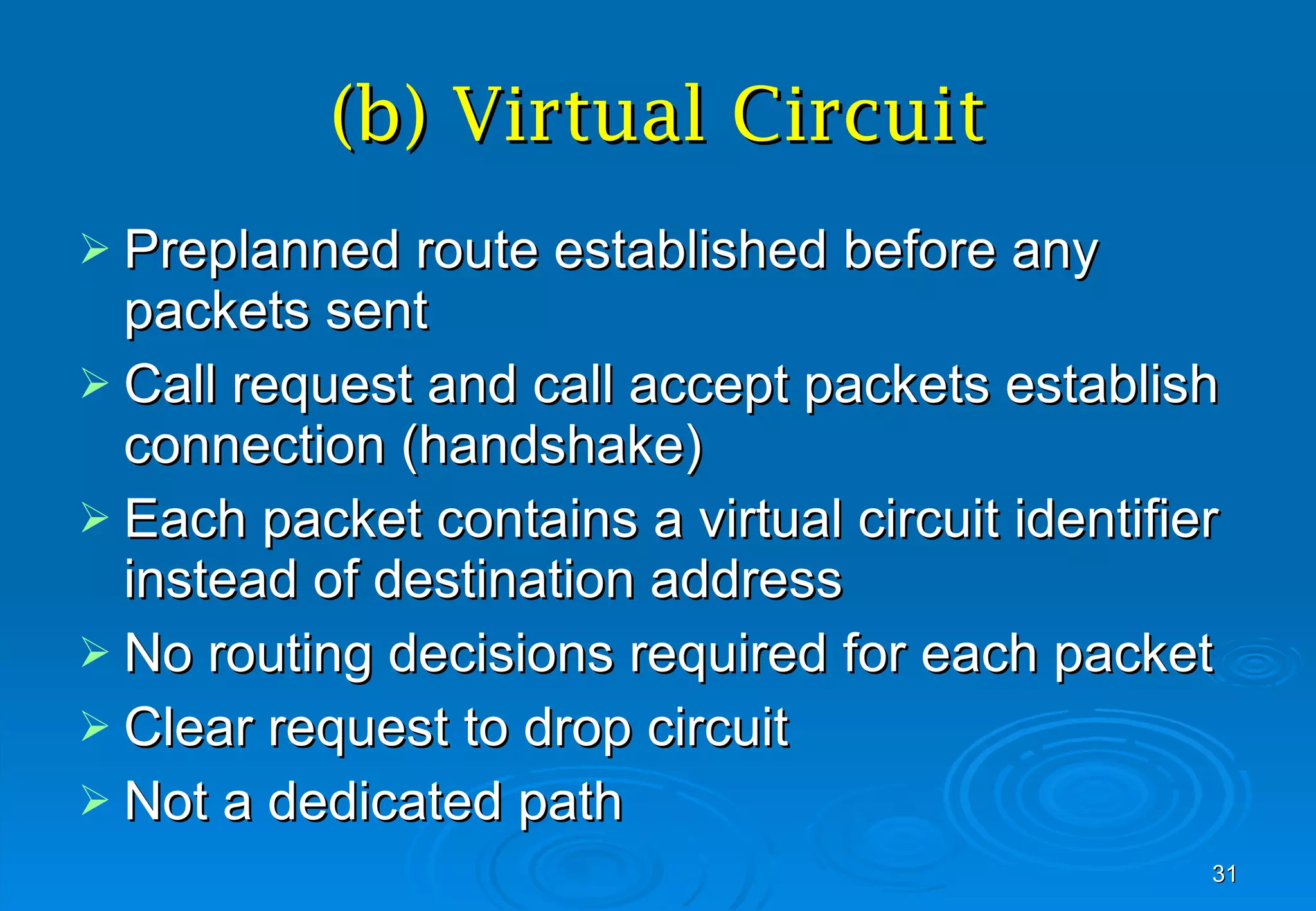 (b) Virtual Circuit Preplanned route established before any packets sent Call request and call accept packets establish connection (handshake) Each packet contains a virtual circuit identifier instead of destination address No routing decisions required for each packet Clear request to drop circuit Not a dedicated path 