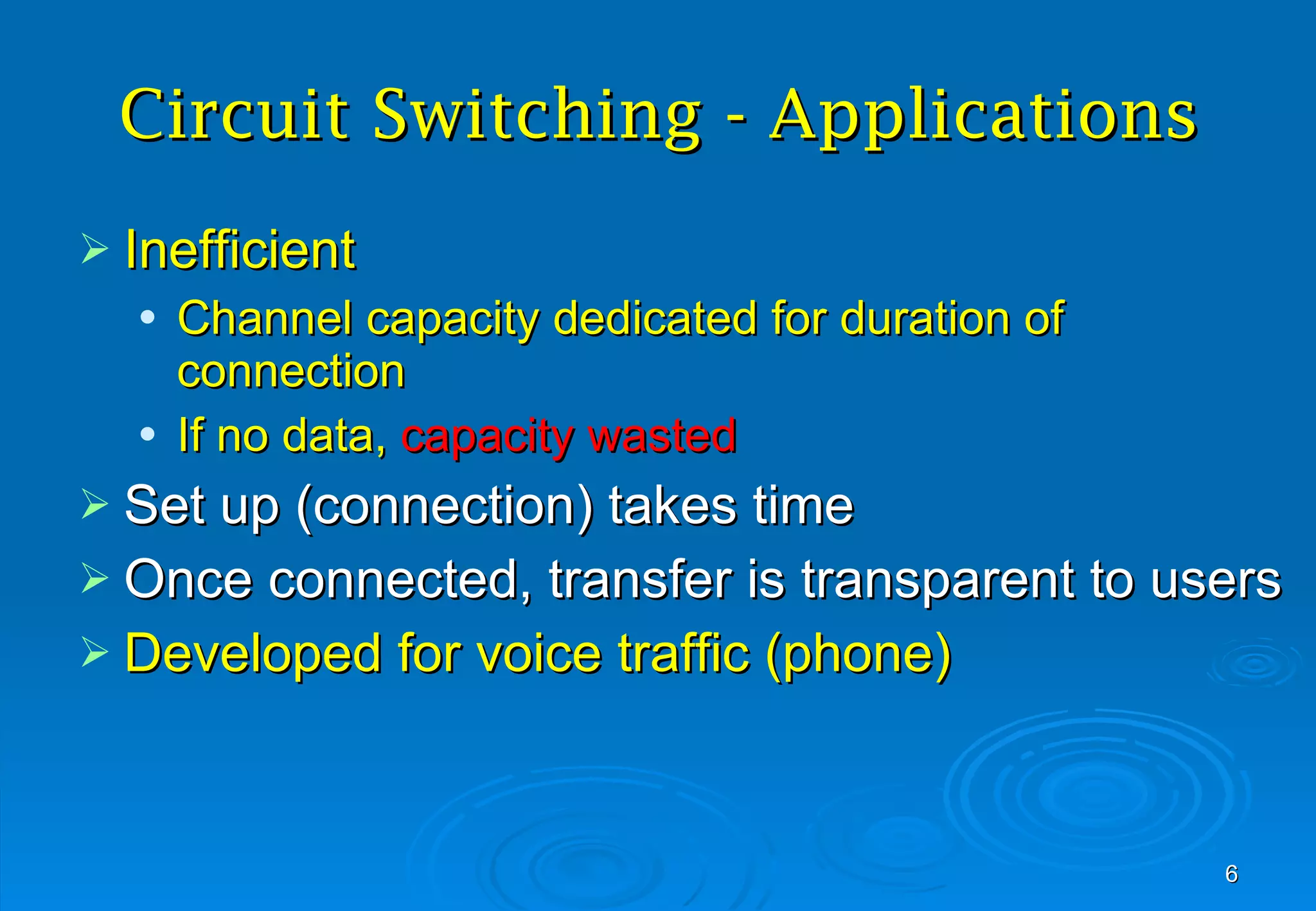 Circuit Switching - Applications Inefficient Channel capacity dedicated for duration of connection If no data,  capacity wasted Set up (connection) takes time Once connected, transfer is transparent to users Developed for voice traffic (phone) 