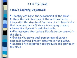 11.4 The Blood Today’s Learning Objectives: Identify and name the components of the blood. State the main function of the red blood cells. Describe the structural features of red blood cells that increase their efficiency in carrying oxygen. Name the pigment in red blood cells. Give two ways that carbon dioxide can be carried in the blood. Explain why only a small percentage of carbon dioxide is carried directly dissolved in the plasma. Describe how digested food products are carried in the blood. 