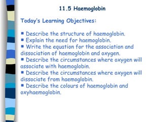 11.5 Haemoglobin Today’s Learning Objectives: Describe the structure of haemoglobin. Explain the need for haemoglobin. Write the equation for the association and dissociation of haemoglobin and oxygen. Describe the circumstances where oxygen will associate with haemoglobin. Describe the circumstances where oxygen will dissociate from haemoglobin. Describe the colours of haemoglobin and oxyhaemoglobin. 
