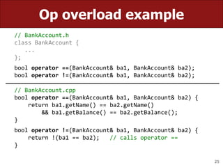 25
Op overload example
// BankAccount.h
class BankAccount {
...
};
bool operator ==(BankAccount& ba1, BankAccount& ba2);
bool operator !=(BankAccount& ba1, BankAccount& ba2);
// BankAccount.cpp
bool operator ==(BankAccount& ba1, BankAccount& ba2) {
return ba1.getName() == ba2.getName()
&& ba1.getBalance() == ba2.getBalance();
}
bool operator !=(BankAccount& ba1, BankAccount& ba2) {
return !(ba1 == ba2); // calls operator ==
}
 