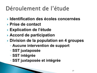 27
 Identification des écoles concernées
 Prise de contact
 Explication de l’étude
 Accord de participation
 Division de la population en 4 groupes
◦ Aucune intervention de support
◦ SST juxtaposée
◦ SST intégrée
◦ SST juxtaposée et intégrée
 