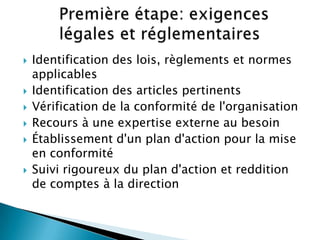  Identification des lois, règlements et normes
applicables
 Identification des articles pertinents
 Vérification de la conformité de l'organisation
 Recours à une expertise externe au besoin
 Établissement d'un plan d'action pour la mise
en conformité
 Suivi rigoureux du plan d'action et reddition
de comptes à la direction
 