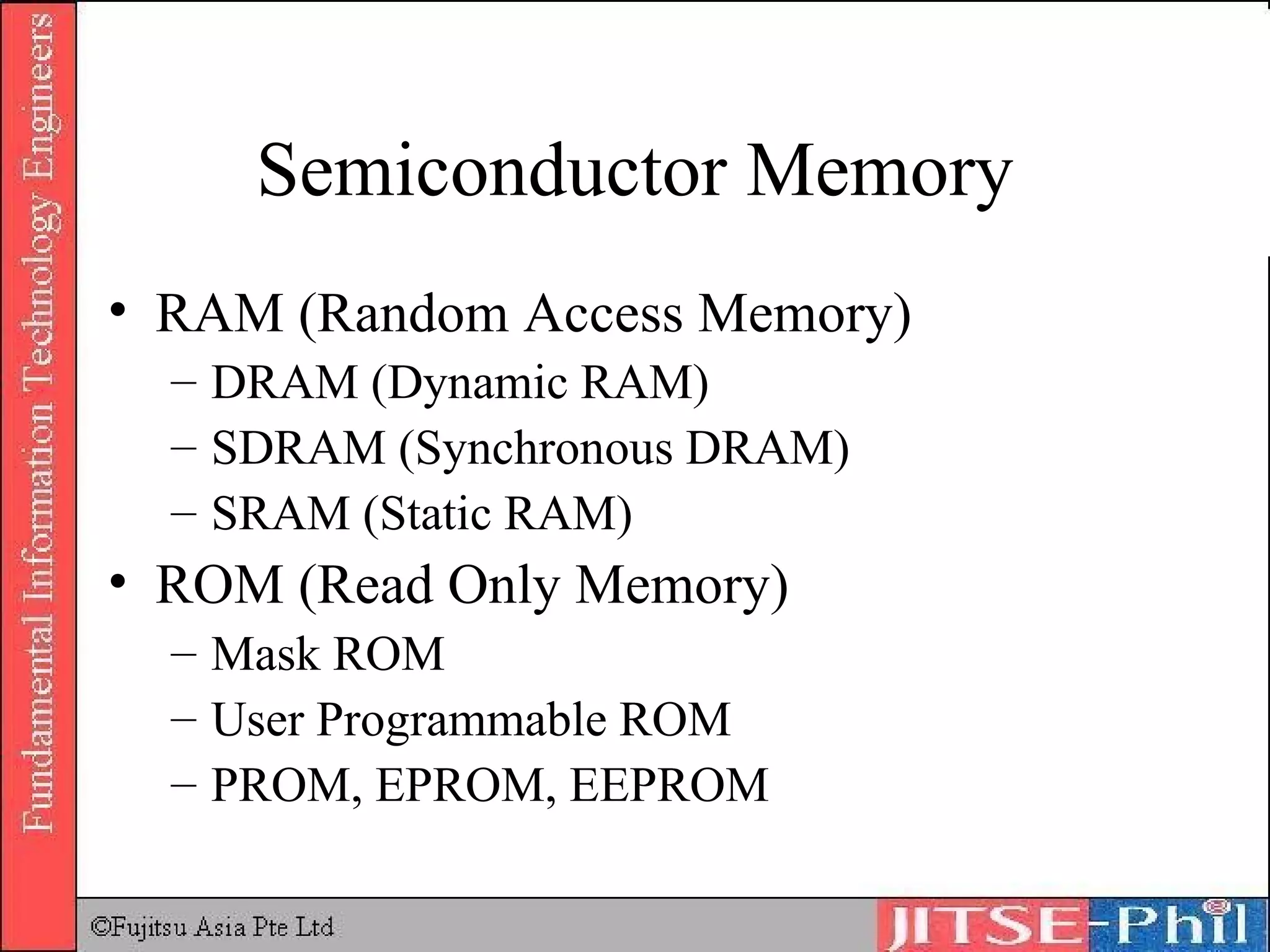 Semiconductor Memory RAM (Random Access Memory) DRAM (Dynamic RAM) SDRAM (Synchronous DRAM) SRAM (Static RAM) ROM (Read Only Memory) Mask ROM User Programmable ROM PROM, EPROM, EEPROM 