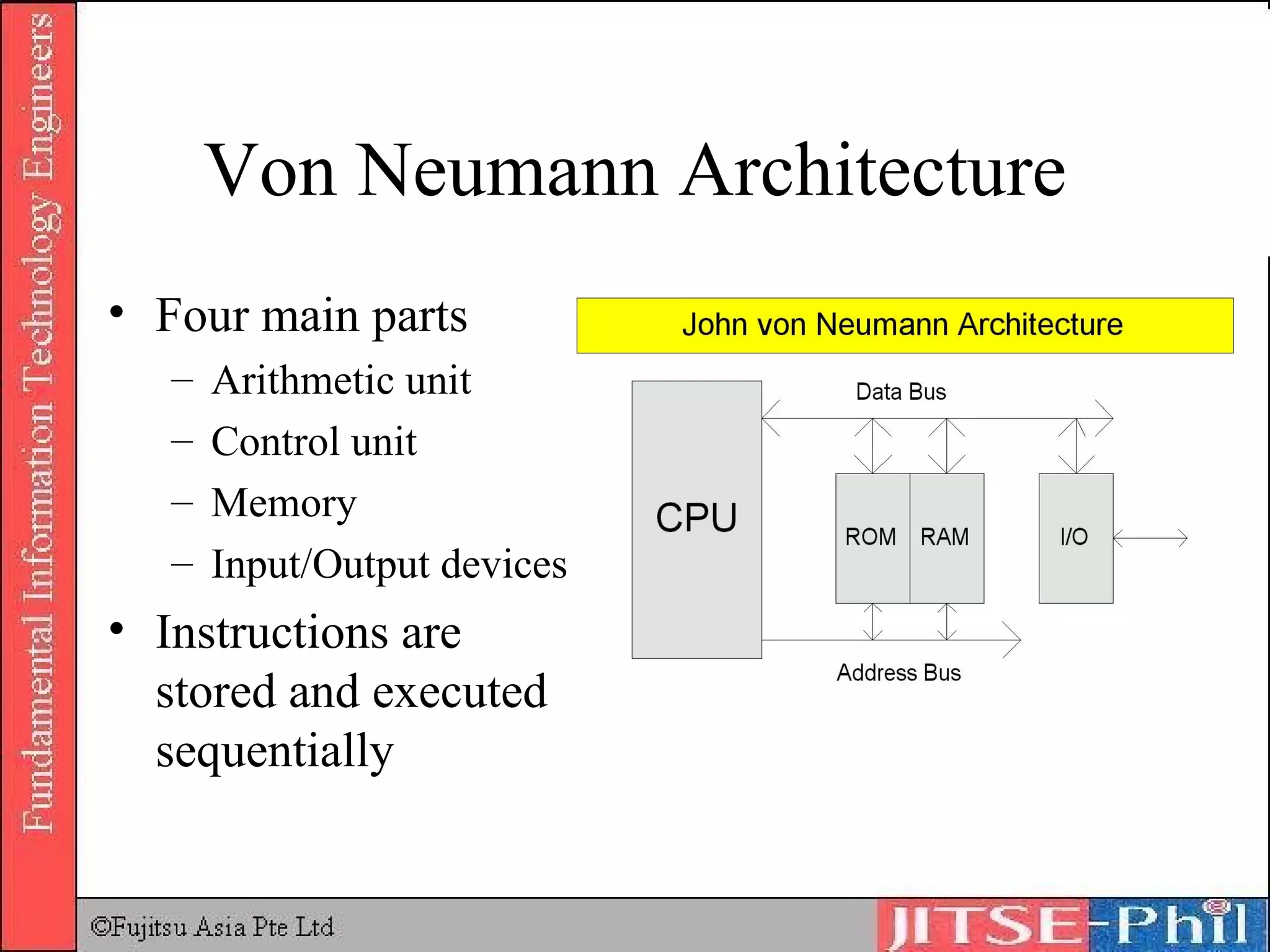 Von Neumann Architecture Four main parts Arithmetic unit Control unit Memory Input/Output devices Instructions are stored and executed sequentially 