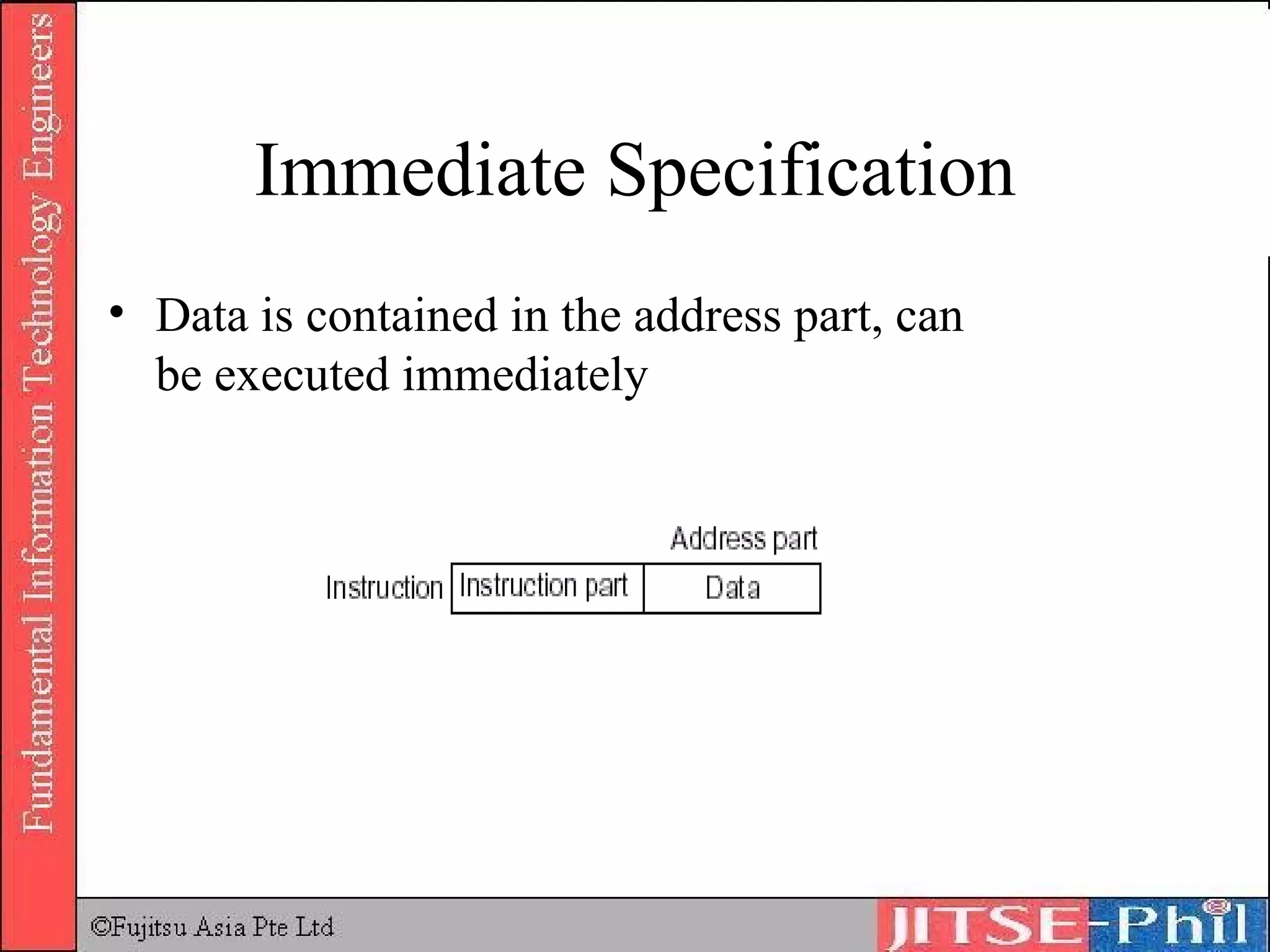 Immediate Specification Data is contained in the address part, can be executed immediately 