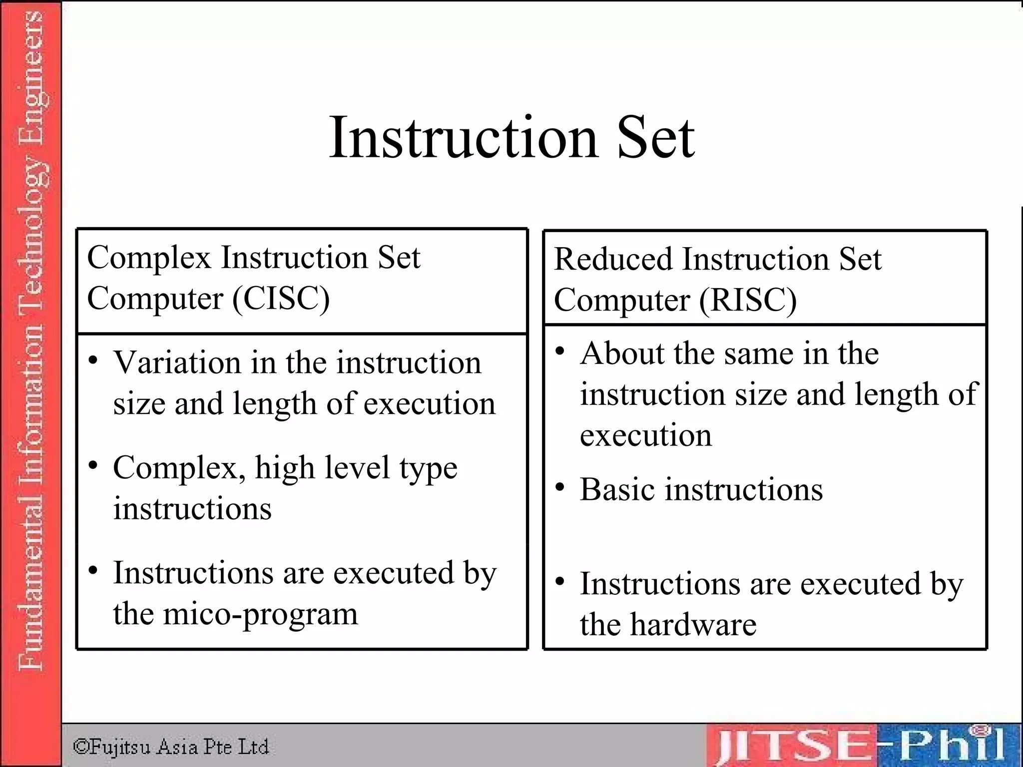 Instruction Set Instructions are executed by the mico-program Complex, high level type instructions Variation in the instruction size and length of execution Complex Instruction Set Computer (CISC) Instructions are executed by the hardware Basic instructions About the same in the instruction size and length of execution Reduced Instruction Set Computer (RISC) 