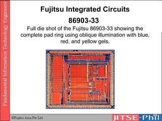Fujitsu Integrated Circuits 86903-33   Full die shot of the Fujitsu 86903-33 showing the complete pad ring using oblique illumination with blue, red, and yellow gels. 