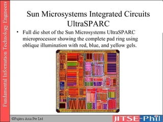 Sun Microsystems Integrated Circuits UltraSPARC Full die shot of the Sun Microsystems UltraSPARC microprocessor showing the complete pad ring using oblique illumination with red, blue, and yellow gels. 