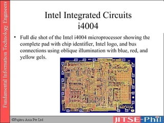 Intel Integrated Circuits i4004 Full die shot of the Intel i4004 microprocessor showing the complete pad with chip identifier, Intel logo, and bus connections using oblique illumination with blue, red, and yellow gels. 